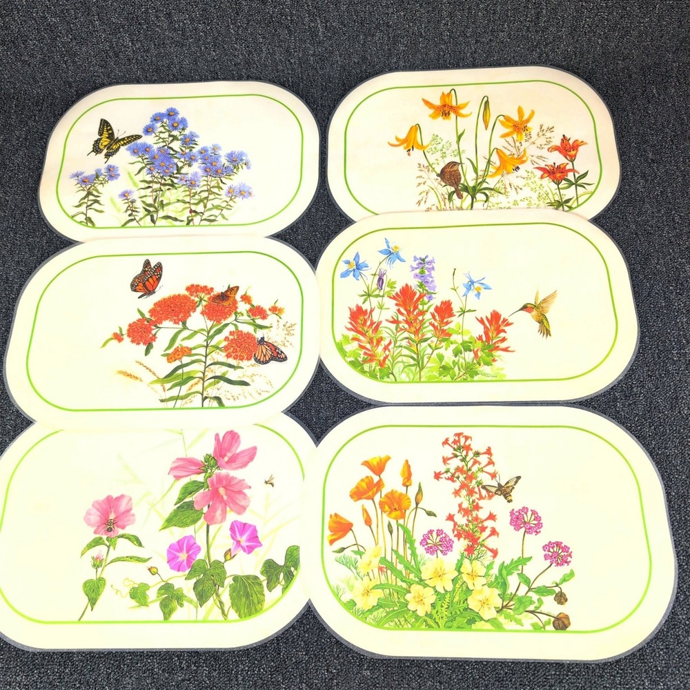 Pierre DeBernay Placemats Set of 6 Cream Floral Butterfly Reversible Laminated